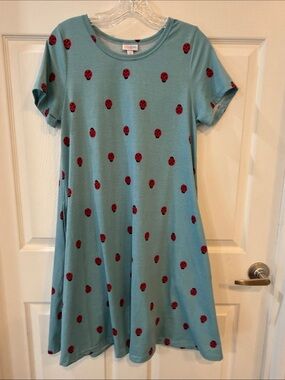LuLaRoe Light Mint Greenish Blue Midi Dress with Red Ladybug Print